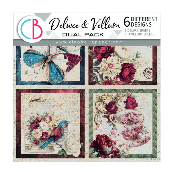 A square product card for a craft paper pack showing four decorative vintage-style designs: a blue butterfly, red and cream flowers, a bird with flowers, and a teacup with roses. The top banner reads 'Deluxe & Vellum Dual Pack' and '6 Different Designs' with the brand name Ciaobellapaper visible.