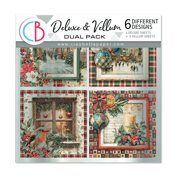 A square product package for a craft paper pack labeled 'Deluxe & Vellum Dual Pack' with '6 Different Designs' and the website ciaobellapaper.com.
