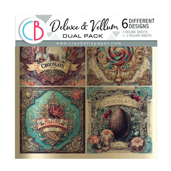 A square product cover for a craft paper pack titled 'Deluxe & Vellum Dual Pack' showing four decorative chocolate-themed vintage designs. The top banner includes the brand logo 'CB' and text reading '6 Different Designs,' '3 Deluxe Sheets,' and 'www.