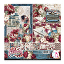 A square collage sheet for Bohemian Boutique scrapbooking paper, featuring vintage floral designs, a typewriter, a woman in profile, envelopes, a butterfly, and multiple pattern previews along the bottom.
