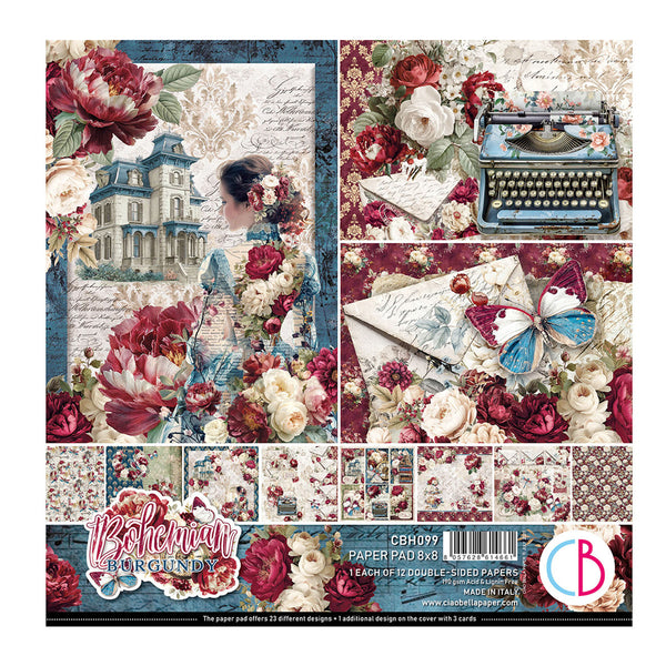 A square collage sheet for Bohemian Boutique scrapbooking paper, featuring vintage floral designs, a typewriter, a woman in profile, envelopes, a butterfly, and multiple pattern previews along the bottom.