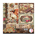 A sheet of vintage-style scrapbooking paper with multiple illustrated panels featuring a woman in a hat, chocolates, flowers, gears, and decorative text. The sheet includes a large cover design reading 'Chocolate Wonderland' and a bottom strip showing smaller preview designs and branding.