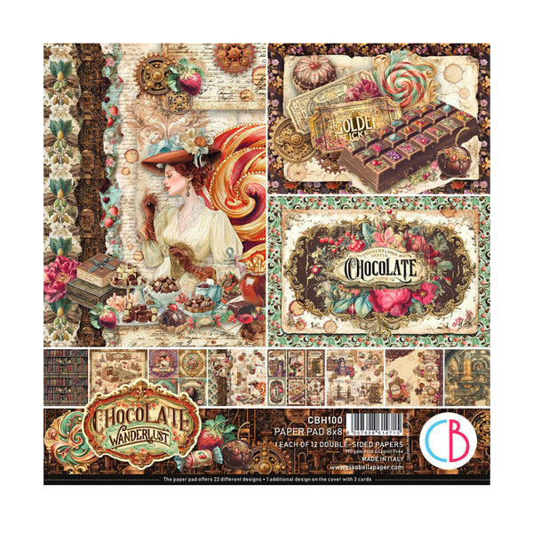A sheet of vintage-style scrapbooking paper with multiple illustrated panels featuring a woman in a hat, chocolates, flowers, gears, and decorative text. The sheet includes a large cover design reading 'Chocolate Wonderland' and a bottom strip showing smaller preview designs and branding.