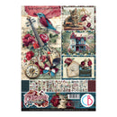 A sheet of scrapbooking paper featuring vintage-style illustrations, including a violin with a bluebird, roses, a cat, a house, a typewriter with flowers, and a pocket watch, plus smaller preview strips and branding text along the bottom.