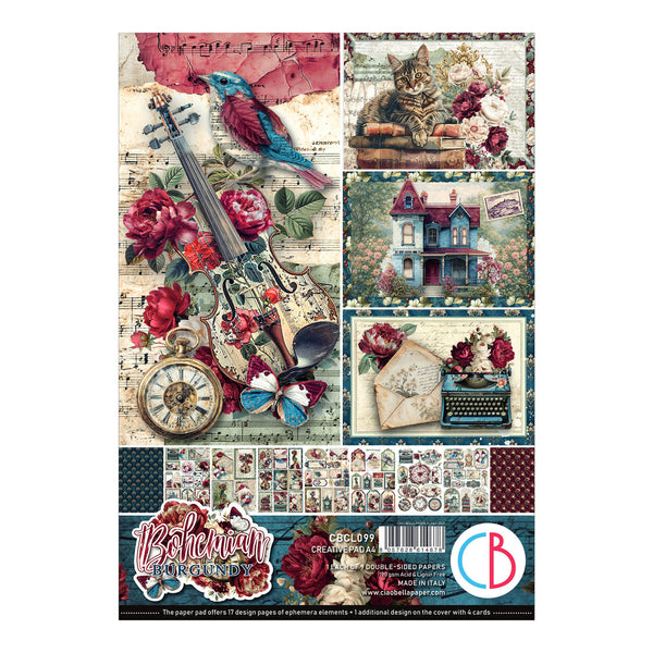 A sheet of scrapbooking paper featuring vintage-style illustrations, including a violin with a bluebird, roses, a cat, a house, a typewriter with flowers, and a pocket watch, plus smaller preview strips and branding text along the bottom.