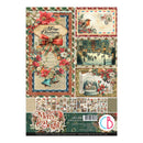 A sheet of Christmas-themed scrapbooking paper featuring vintage designs, floral patterns, holiday illustrations, and a 'Merry Christmas' title card. The sheet includes multiple panels with red poinsettias, green plaid borders, a bird, a snowy village scene, and patterned strips along the bottom.