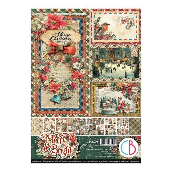 A sheet of Christmas-themed scrapbooking paper featuring vintage designs, floral patterns, holiday illustrations, and a 'Merry Christmas' title card. The sheet includes multiple panels with red poinsettias, green plaid borders, a bird, a snowy village scene, and patterned strips along the bottom.