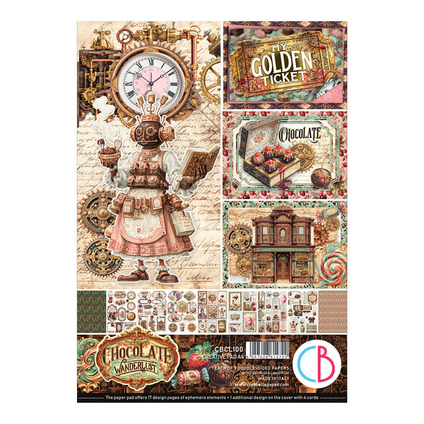A sheet of vintage-style scrapbooking paper featuring steampunk and chocolate-themed illustrations, including a clock, gears, a robot chef, a golden ticket, a chocolate box, a building facade, and a row of patterned borders and small decorative elements. The sheet includes branding and product text at the bottom.