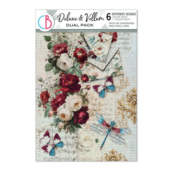 Starburst Deluxe & Vellum Dual Pack scrapbooking paper featuring a vintage floral design with red and white roses, butterflies, dragonflies, and script text on a light background.