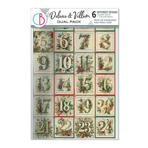 A packaged paper craft sheet labeled Deluxe & Vellum Dual Pack, showing a 6-design Christmas advent calendar with numbered square panels decorated with holly and berries.