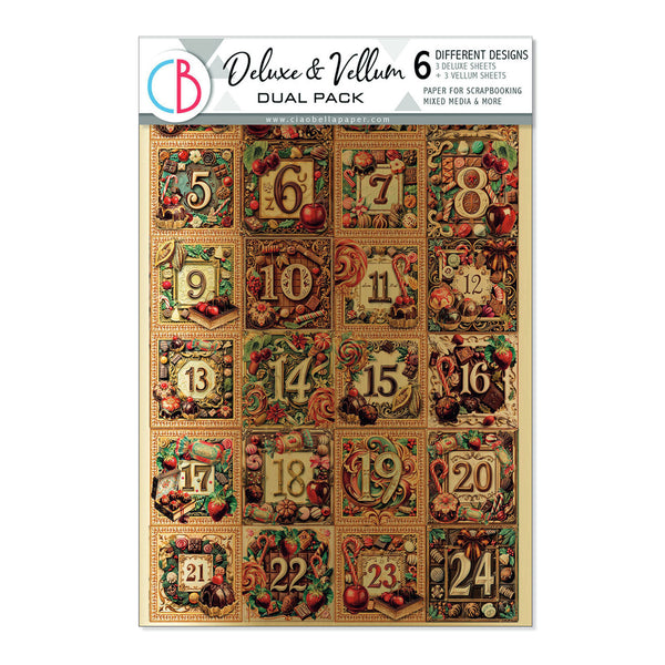 A packaged paper craft sheet labeled 'Deluxe & Vellum Dual Pack' showing 24 numbered autumn-themed numbered panels with fruit and floral illustrations on a beige background.