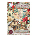 Cozy Christmas Mini Natural & Fermented Paper Book by Ciao Bellapaper, featuring a festive collage of vintage Christmas illustrations including a small house, a mouse with a candy cane, poinsettias, ornaments, and holiday tags on a cream background.