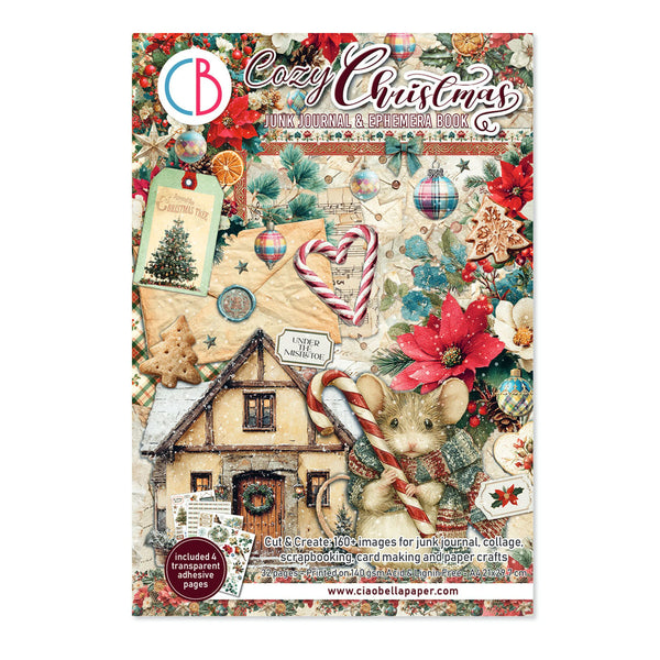 Cozy Christmas Mini Natural & Fermented Paper Book by Ciao Bellapaper, featuring a festive collage of vintage Christmas illustrations including a small house, a mouse with a candy cane, poinsettias, ornaments, and holiday tags on a cream background.