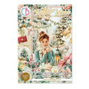 A decorative product package for 'Gottener Winter' individual and scrapbooking paper by Claobellpaper, featuring a vintage-style winter collage with a woman in a green sweater, a lantern, pink flowers, and gold accents.