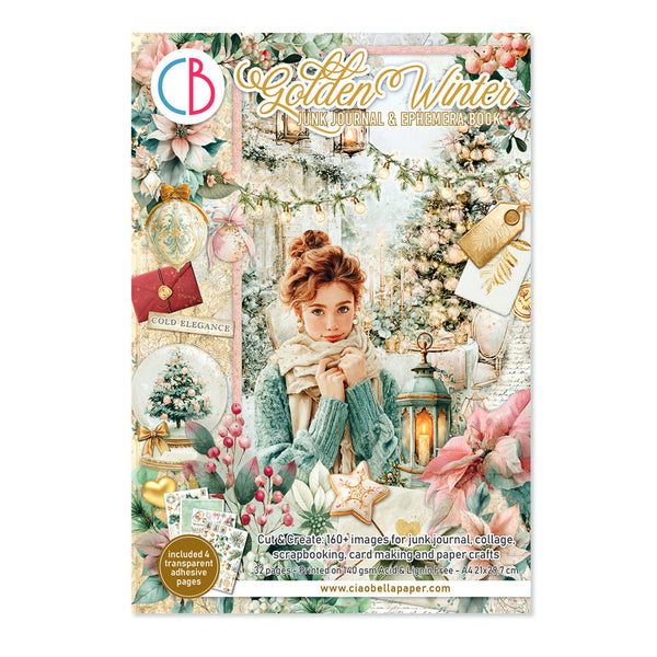 A decorative product package for 'Gottener Winter' individual and scrapbooking paper by Claobellpaper, featuring a vintage-style winter collage with a woman in a green sweater, a lantern, pink flowers, and gold accents.