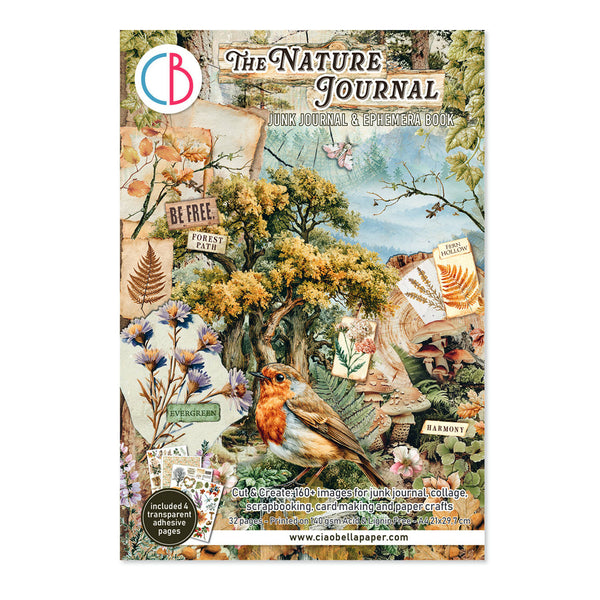 The Nature Journal scrapbooking paper pack by Cleo Bell Paper, featuring a vintage forest collage design with a robin, ferns, leaves, and handwritten notes.