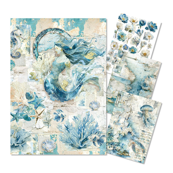 Set of decorative paper sheets with ocean-themed designs including seahorses, flowers, and corals.