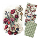 A sheet of decorative scrapbooking paper featuring a vintage floral violin, roses, a pocket watch, and a key, shown alongside two smaller patterned paper sheets on a white background.