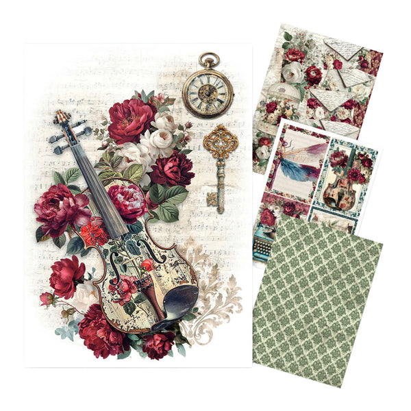 A sheet of decorative scrapbooking paper featuring a vintage floral violin, roses, a pocket watch, and a key, shown alongside two smaller patterned paper sheets on a white background.