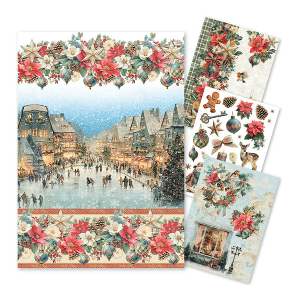 A set of Christmas-themed craft or scrapbook paper sheets displayed on a white background. The main sheet features a winter village street scene with snow falling, decorated with red poinsettias, white flowers, pinecones, and plaid borders at the top and bottom.