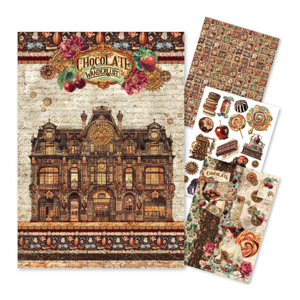 A sheet of decorative chocolate-themed craft paper with a vintage building illustration and 'Chocolate Wonderland' text, shown alongside matching patterned sheets and sticker-like designs on a white background.