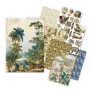Jungle scene with a leopard, palm trees, and flowers on a textured background