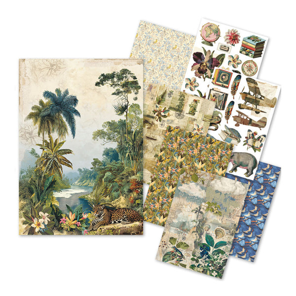 Jungle scene with a leopard, palm trees, and flowers on a textured background