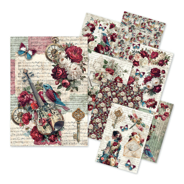 A set of decorative scrapbook paper sheets featuring a vintage floral and musical theme, including roses, butterflies, a violin, clocks, and script text on a white background.