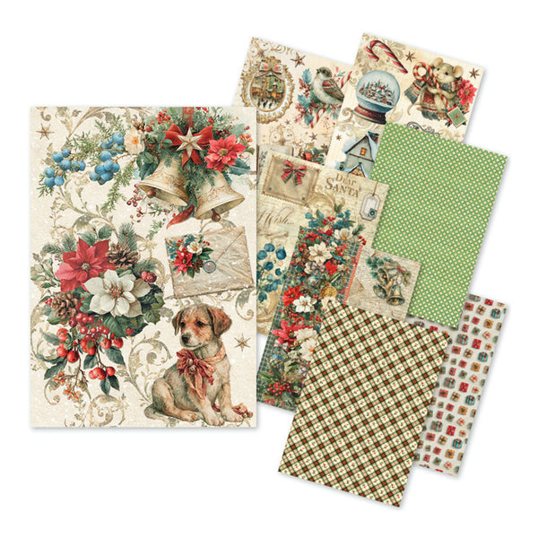 A set of Christmas-themed patterned paper sheets fanned out on a white background, featuring vintage holiday illustrations including a puppy, bells, flowers, snow globe, and gingham and polka dot patterns.