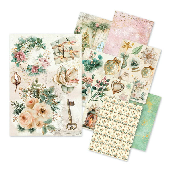 A set of decorative scrapbooking paper sheets with vintage floral and holiday designs, arranged on a clean white background.