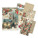 A set of Christmas-themed patterned papers and a matching printed card or art piece arranged on a white background. The designs include snowy street scenes, red poinsettias, plaid patterns, floral motifs, and vintage holiday decorations.