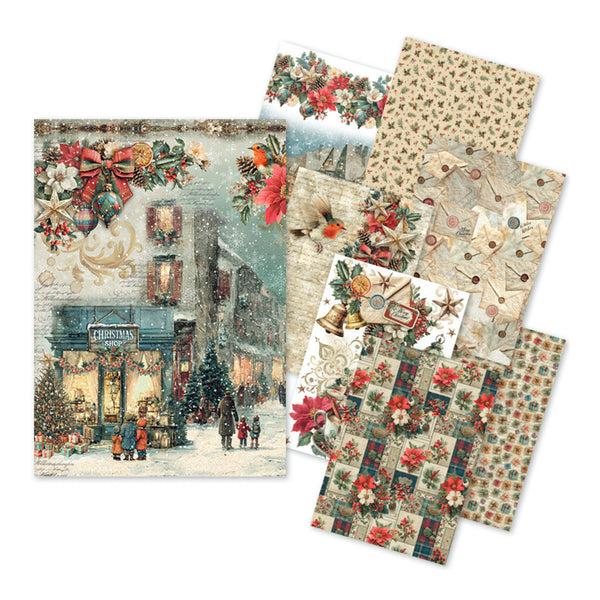 A set of Christmas-themed patterned papers and a matching printed card or art piece arranged on a white background. The designs include snowy street scenes, red poinsettias, plaid patterns, floral motifs, and vintage holiday decorations.