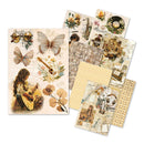 Collection of vintage-style paper sheets with illustrations and patterns on a white background