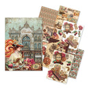 A set of vintage-style chocolate-themed scrapbooking papers and stickers displayed on a clean white background. The collection includes a large central sheet featuring an ornate chocolate shop facade, a woman with a large lollipop, and floral accents, alongside several smaller patterned sheets with chocolate, candy, flowers, and retro text elements.