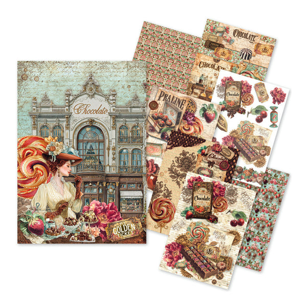 A set of vintage-style chocolate-themed scrapbooking papers and stickers displayed on a clean white background. The collection includes a large central sheet featuring an ornate chocolate shop facade, a woman with a large lollipop, and floral accents, alongside several smaller patterned sheets with chocolate, candy, flowers, and retro text elements.