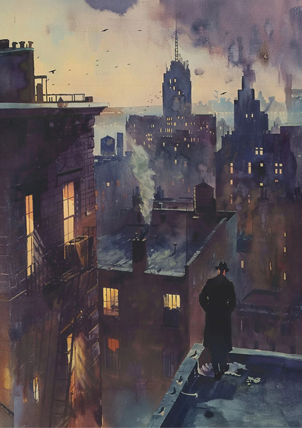 Cityscape with a figure on a rooftop at dusk