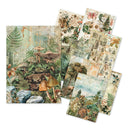 A set of vintage-style woodland collage cards or paper sheets arranged on a white background, featuring illustrated mushrooms, ferns, trees, butterflies, and soft pastel scenery.