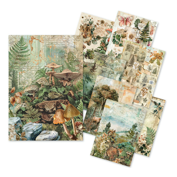 A set of vintage-style woodland collage cards or paper sheets arranged on a white background, featuring illustrated mushrooms, ferns, trees, butterflies, and soft pastel scenery.