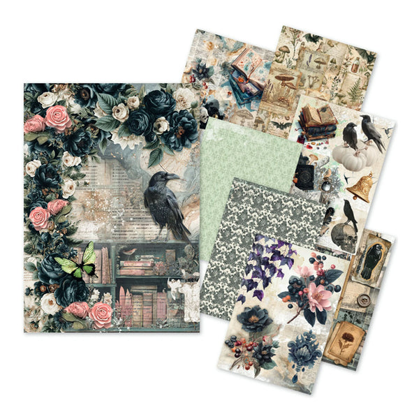 A set of five patterned paper sheets arranged on a white background, featuring gothic and vintage designs with crows, roses, books, and floral motifs.