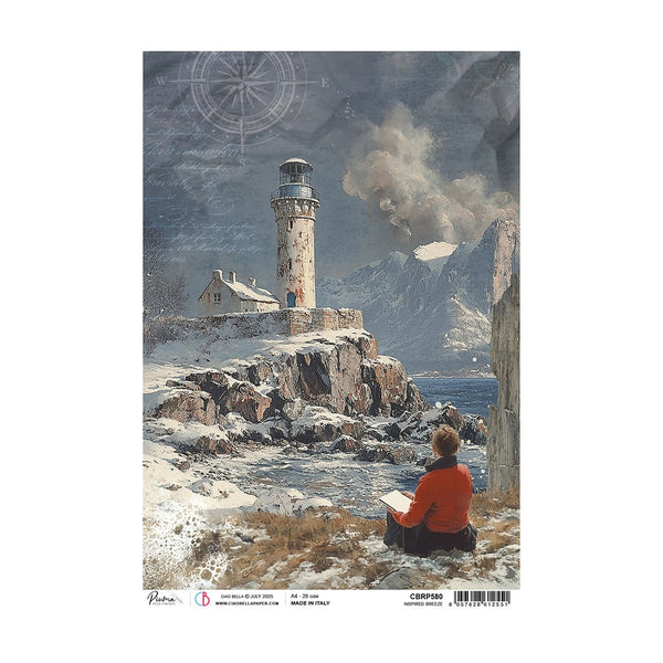 Lighthouse scene with a person sitting by a body of water, mountains in the background