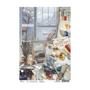 Scenic collage with a window view of a lake, sailboat, and various art supplies.