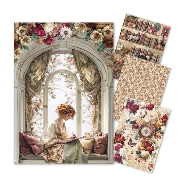 Collage of a woman by a window with floral decorations and patterned paper sheets.