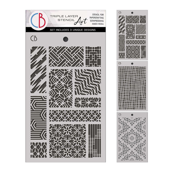 Triple layer stencil set with geometric patterns on a white background