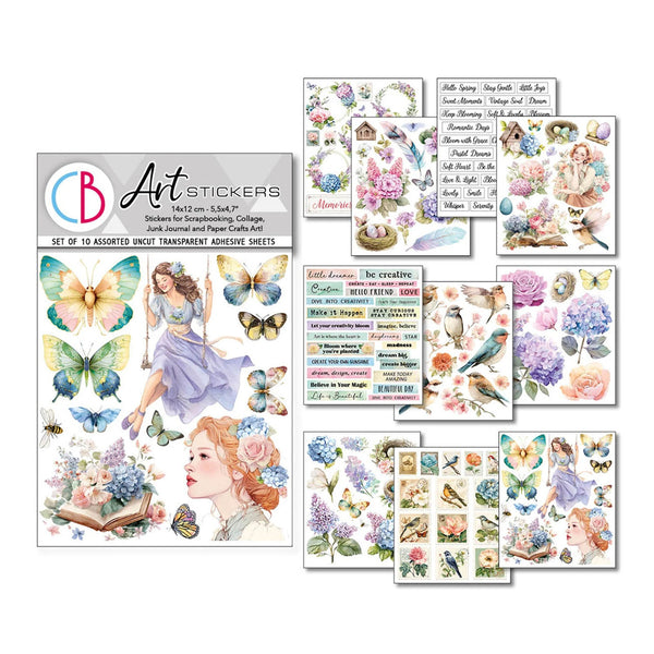 Collection of art stickers with butterflies, flowers, and people on a white background