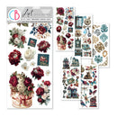 A set of five vintage-themed adhesive sticker sheets from Art Stickers, featuring floral bouquets, clocks, keys, houses, butterflies, and ornate patterns in muted red, cream, teal, and gold tones.