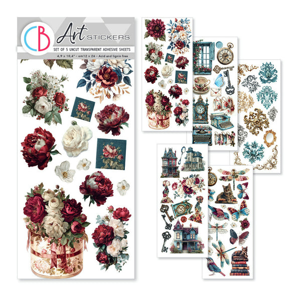 A set of five vintage-themed adhesive sticker sheets from Art Stickers, featuring floral bouquets, clocks, keys, houses, butterflies, and ornate patterns in muted red, cream, teal, and gold tones.