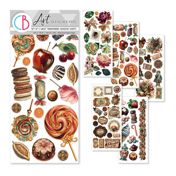 A set of five vintage-themed transparent adhesive sticker sheets from Art Stickers, featuring illustrations of old-fashioned candies, macarons, flowers, and decorative labels on a white background.