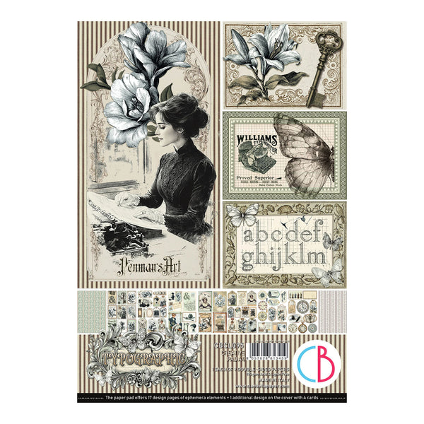 Sheet of decorative paper with vintage design elements including a woman, flowers, and text.