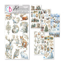 Set of nature-themed art stickers with animals and landscapes on a white background