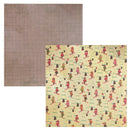 Two square paper swatches shown on a white background: one with a brown and white gingham check pattern, and one with a vintage-style ski resort print on a cream background featuring skiers, trees, and figures in pink, red, green, and brown.